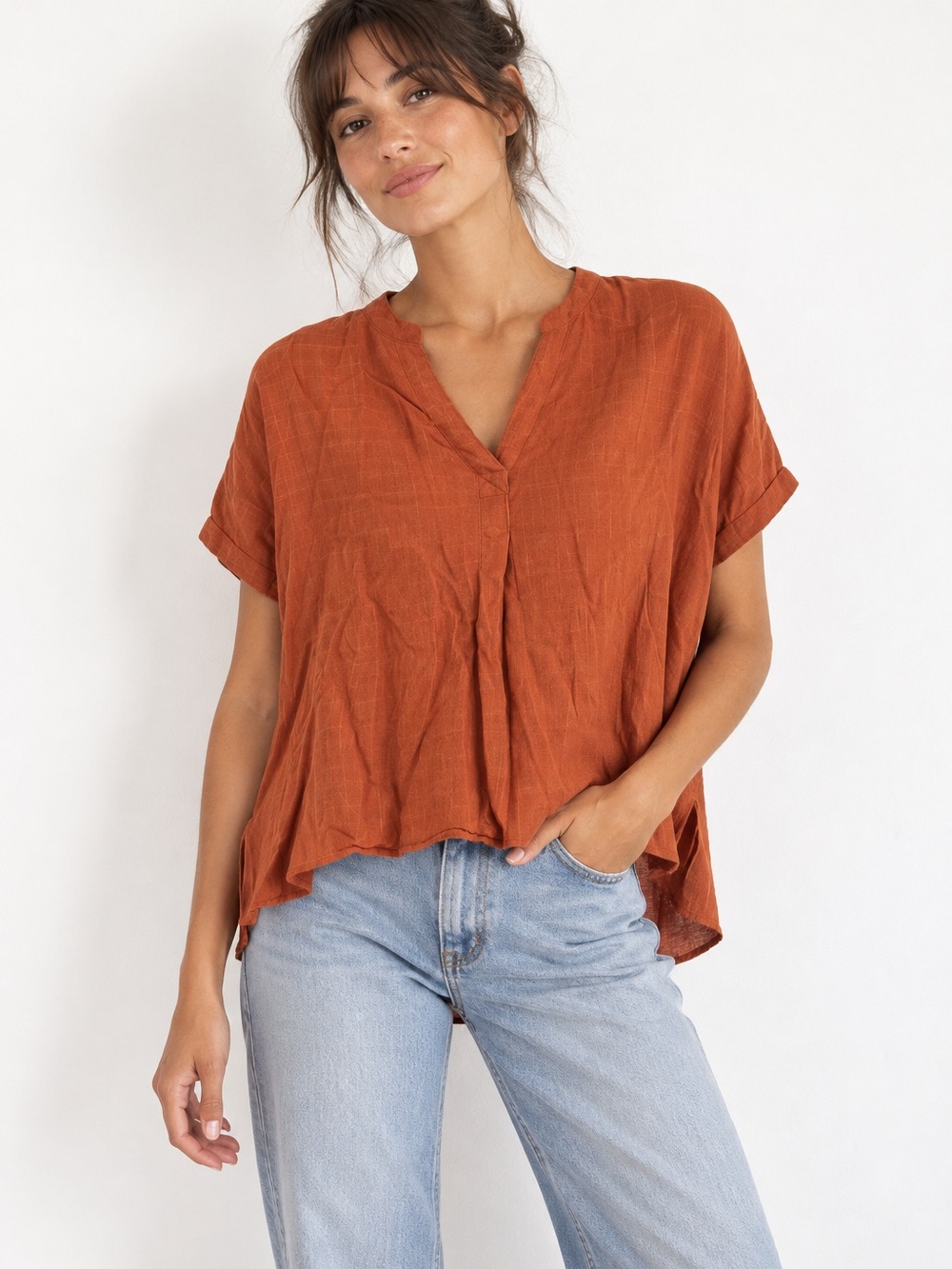 Madewell Rust Cotton Gauze Split Neck Peplum Top Size M